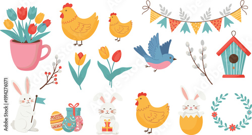 Cute easter spring elements with bunnies chickens tulips eggs birdhouse and festive decorations cartoon vector set