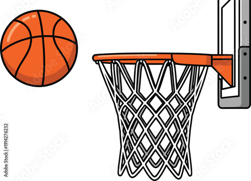 Vector illustration of an orange basketball flying towards a basketball hoop and net for sports and competition concepts