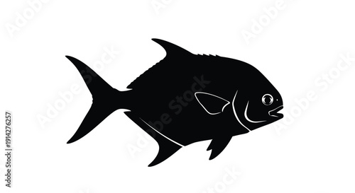 Black silhouette of a piranha fish swimming to the right