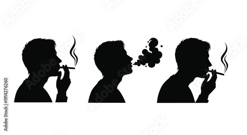 Silhouettes depicting a person smoking at different stages of exhaling