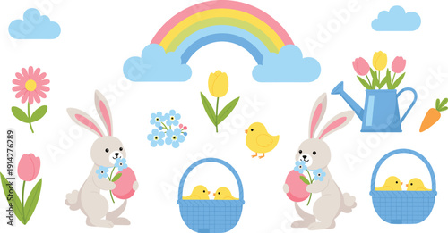 Cute easter bunnies with eggs basket chicks rainbow and spring flowers cartoon vector illustration set