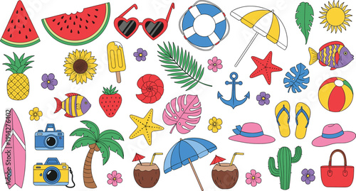 Summer beach doodle elements with watermelon pineapple starfish umbrella camera and tropical accessories vector set