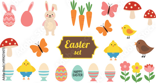 Cute easter elements set with bunny eggs chicks flowers butterflies and mushrooms cartoon vector illustration