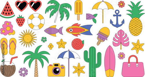 Tropical summer beach icons set with black line art flamingo surfboard pineapple monstera leaf popsicle and vacation elements.