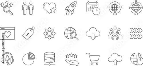 Digital marketing and business line icon set with SEO analytics cloud ecommerce teamwork outline vector collection