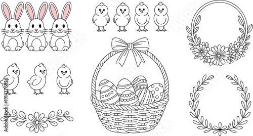 Cute Easter holiday vector set with bunnies chicks decorated eggs in a basket floral wreaths and spring garden elements.