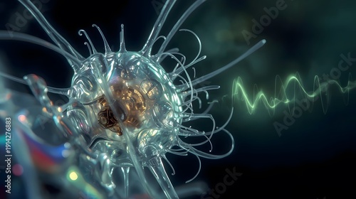 A high-detail 3D render of a futuristic biological organism or neural structure interacting with a luminous green soundwave or energy signal against a dark background