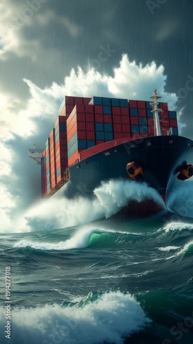 Large cargo container ship navigating through rough stormy ocean waters with dramatic cloudy sky. Massive vessel loaded with colorful shipping containers battling heavy waves in challenging weather co