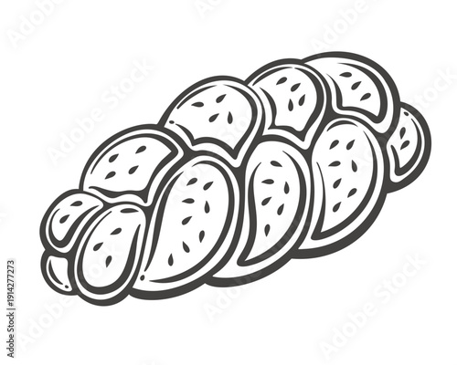 Braided bread loaf in retro outline style. Classic challah bakery pastry graphic for bakery branding, menu design, packaging, label, cafe logo, monochrome vector illustration.