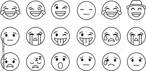 Minimal line emoji icon set with happy sad crying sleeping wink tongue neutral facial expressions outline vector illustration