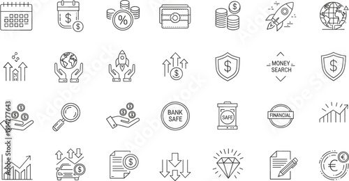 Finance and investment line icon set with banking money growth security savings outline vector collection