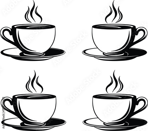 Vector illustration set of four black and white steaming coffee cups with saucers for cafe and restaurant branding।