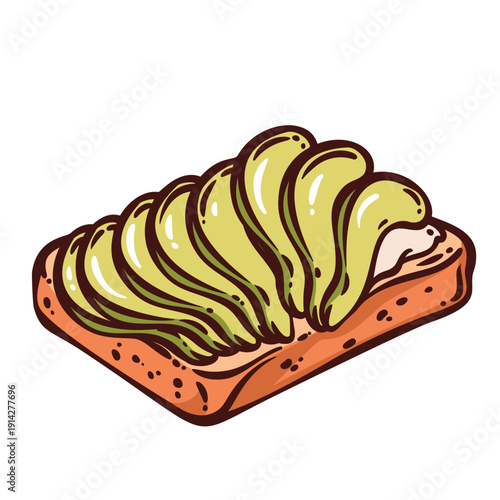 Avocado toast breakfast food for cafe menu. Fresh avocado topping on toast bread, healthy plant based meal. Retro hand drawn line art style. Avocado toast. Vector illustration.