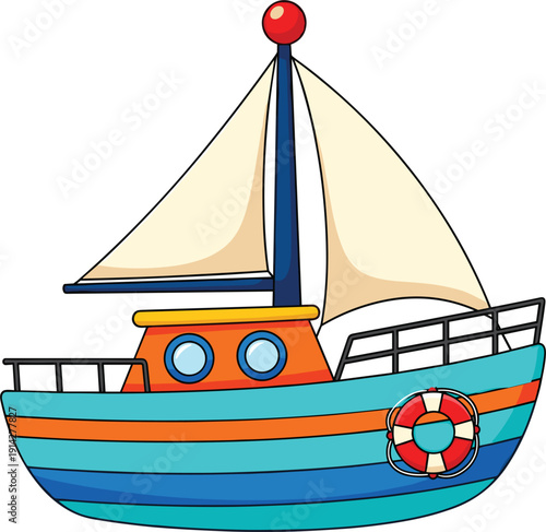 Vector illustration of a colorful sailing boat and fishing trawler with lifebuoy for maritime travel and nautical adventure concepts।