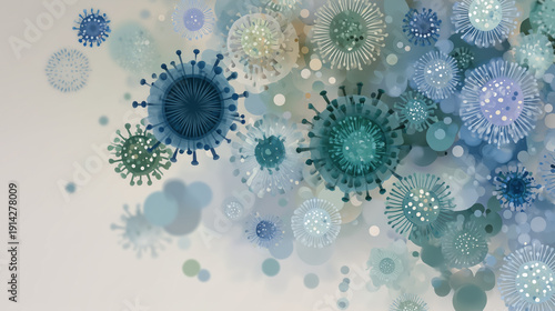 Abstract illustration of virus particles in various shades of blue and green, for a scientific or medical theme, virology and infectious diseases