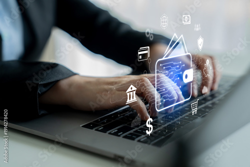 Фотография Modern mobile banking concept featuring secure digital wallet interface, contactless NFC payment, and money transfer