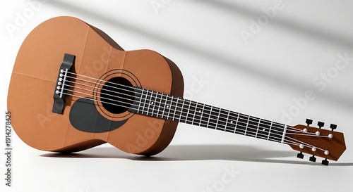 cardboard acoustic guitar with six strings and brown color  musical instrument