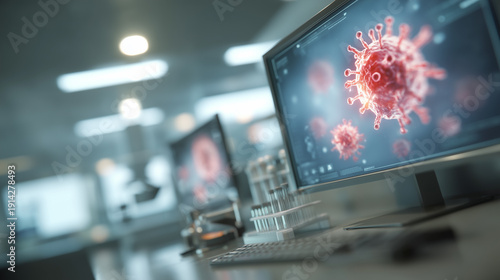 Computer monitors displaying 3D virus models in a modern laboratory setting, with laboratory equipment, for themes about infectious diseases, pandemic monitoring, medical technology