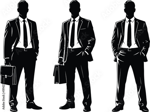 Three businessmen in suits standing in different poses on a white background