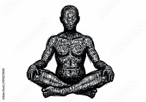 Illustration of a person meditating in a lotus position, symbolizing peace and mindfulness, rendered in a striking cross-hatching style