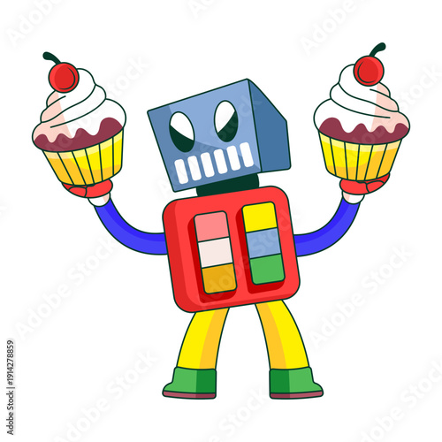 Flat illustration showing a robot character carrying cupcakes