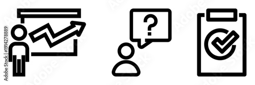 Business presentation with growth chart, questioning, and checklist icons