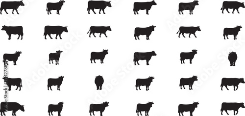 Collection of black cow silhouettes in various poses