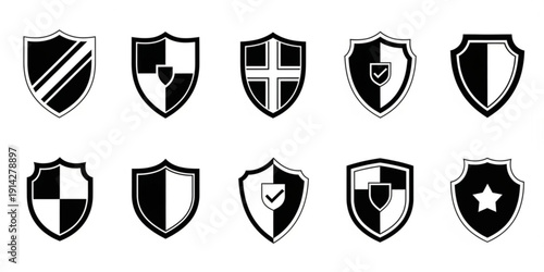 Collection of modern black and white shield icons for security and protection