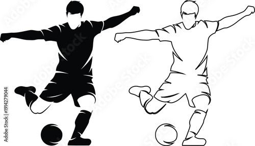 Two soccer players in dynamic poses kicking balls in black and white illustration