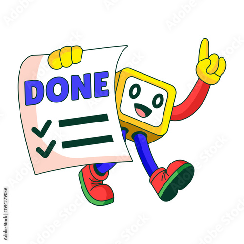 A flat style illustration showing a robot character marking task done