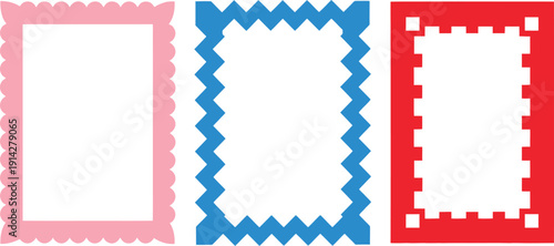 Three colorful blank frames with different shapes and colors for photo or text placement