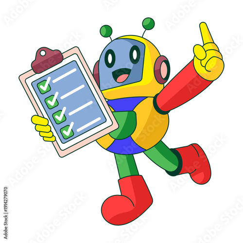 Flat illustration showing a robot character checking checklist items