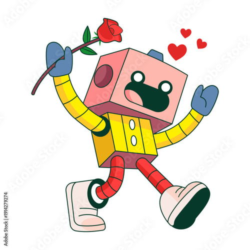 Flat illustration showing a robot character holding beautiful bouquet