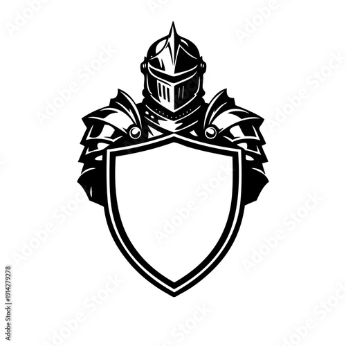 A detailed black and white illustration of a knight's helmet with a shield