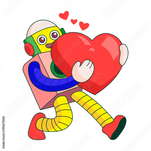 Flat illustration showing a robot character hugging heart warmly