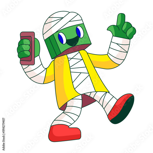 A flat style illustration showing a robot character wrapped as mummy