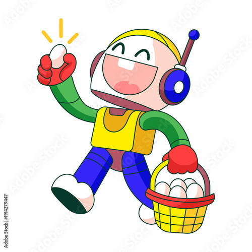 Flat illustration showing a robot character carrying egg basket