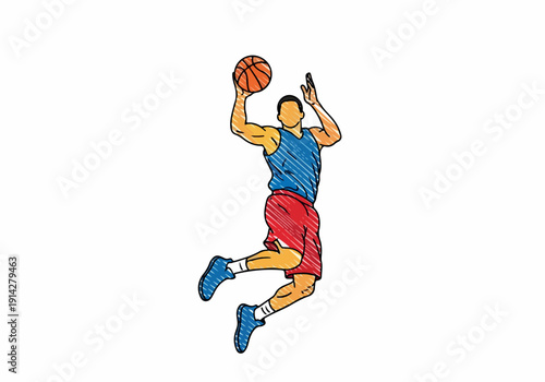 Dynamic illustration of a male basketball player mid-air performing a slam dunk with a basketball in his hand, captured in a bold, graphic style against a white background