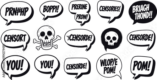 A cartoon illustration of various speech bubbles with censored words and skulls on a white background