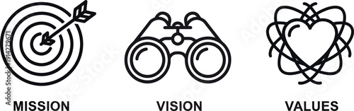 A simple black and white illustration of mission, vision, and values concepts.