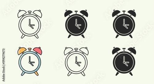 A collection of six stylized alarm clocks is neatly arranged in a two-row, three-column grid, showcasing various designs including outline, solid silhouette, and colorful variations.