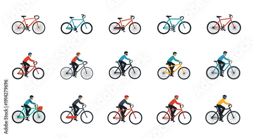 A dynamic collection features fifteen diverse illustrations of bicycles and cyclists in various styles and colors, with riders wearing different attire, all arranged against a clean white background.