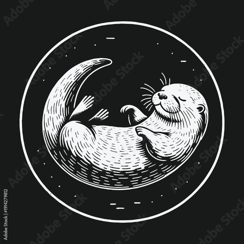 Whimsical Otter Illustration: A Charming Aquatic Mammal in Circular Frame.