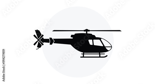 A sleek black silhouette icon of a helicopter featuring distinct main and tail rotors, positioned horizontally and centered within a soft light gray circular background on a clean white canvas.
