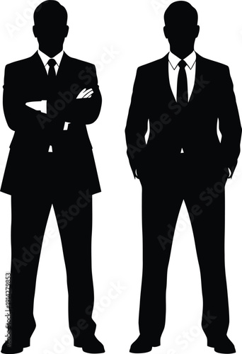Two businessmen in suits standing in confident poses on a white background