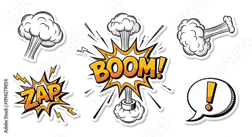 A dynamic collection of comic-book-inspired action elements, including 
