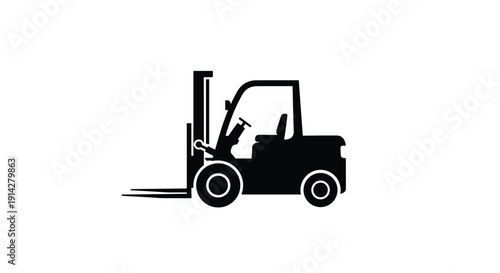 A bold black silhouette icon of a standard forklift truck, clearly depicting its vertical mast, extended front forks, and sturdy wheels, presented against a plain white background.