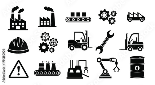 Fifteen black and white icons are illustrated, depicting various industrial elements, including factories, conveyor belts, gears, forklifts, a wrench, and a warning sign.