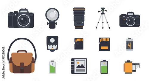 A comprehensive set of flat design photography equipment icons showcases various camera bodies, lenses, flashes, tripods, memory cards, batteries, and a camera bag on a clean surface.