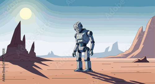 A solitary humanoid robot stands under a bright sun in a vast, desolate desert landscape, surrounded by unique rock formations and casting long shadows on the arid ground.